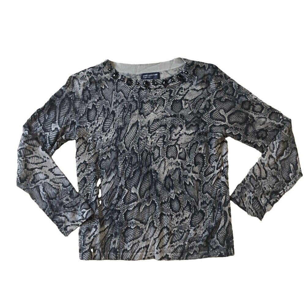 JONES NEW YORK SNAKE SKIN SWEATER W/ JEWELS ON NECKLINE Large